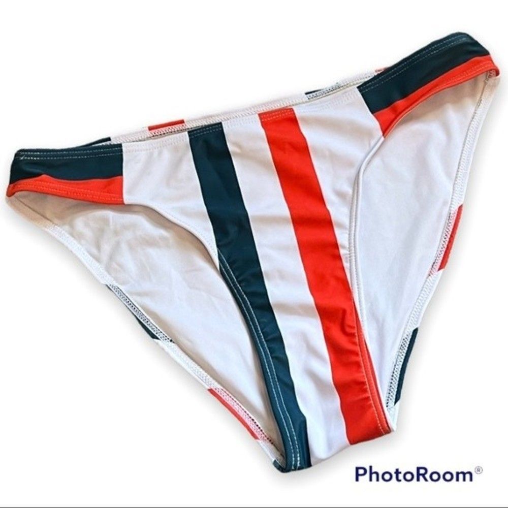 White, Red & Teal Striped Bikini Bottoms Size Small